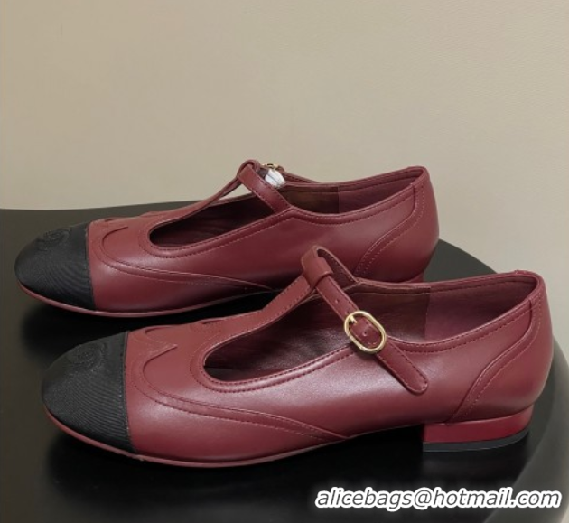 Popular Style Chanel Lambskin & Grosgrain T Mary Janes Flat Shoes Burgundy 2025 CH090105 0901067