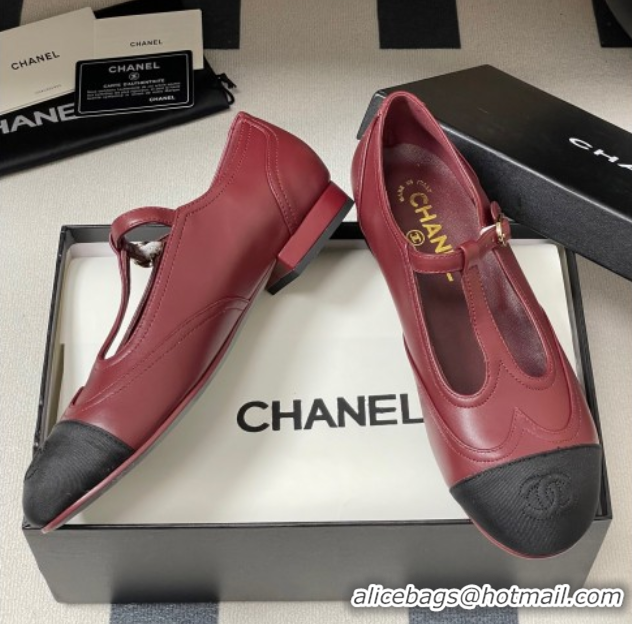 Popular Style Chanel Lambskin & Grosgrain T Mary Janes Flat Shoes Burgundy 2025 CH090105 0901067