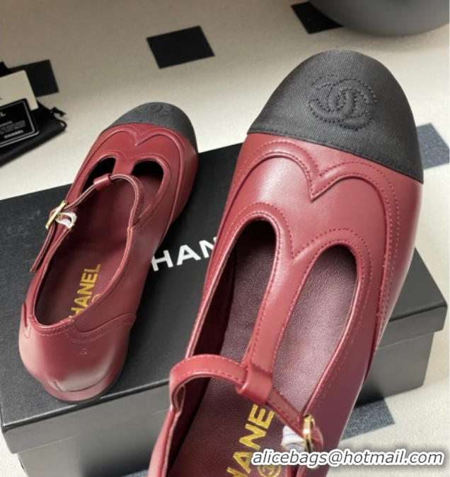 Popular Style Chanel Lambskin & Grosgrain T Mary Janes Flat Shoes Burgundy 2025 CH090105 0901067