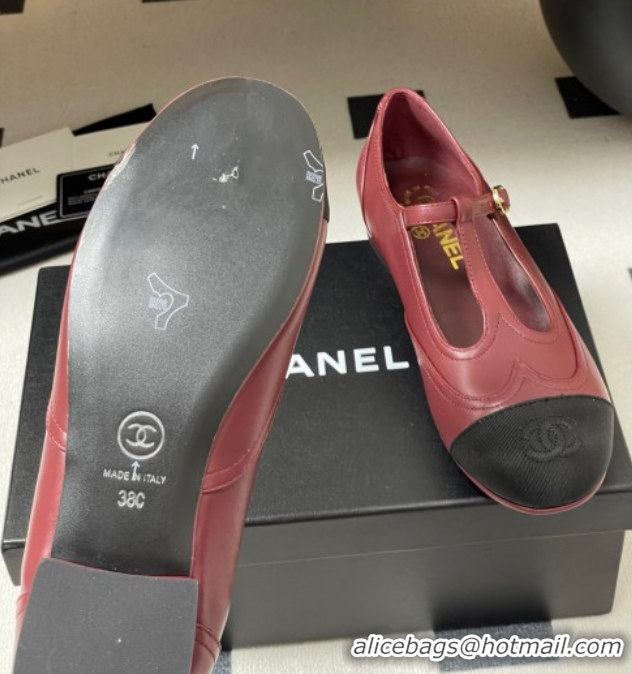 Popular Style Chanel Lambskin & Grosgrain T Mary Janes Flat Shoes Burgundy 2025 CH090105 0901067