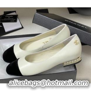 Unique Style Chanel Lambskin & Velvet Ballet Flats with Pearls White 2025 CH090104 0901069