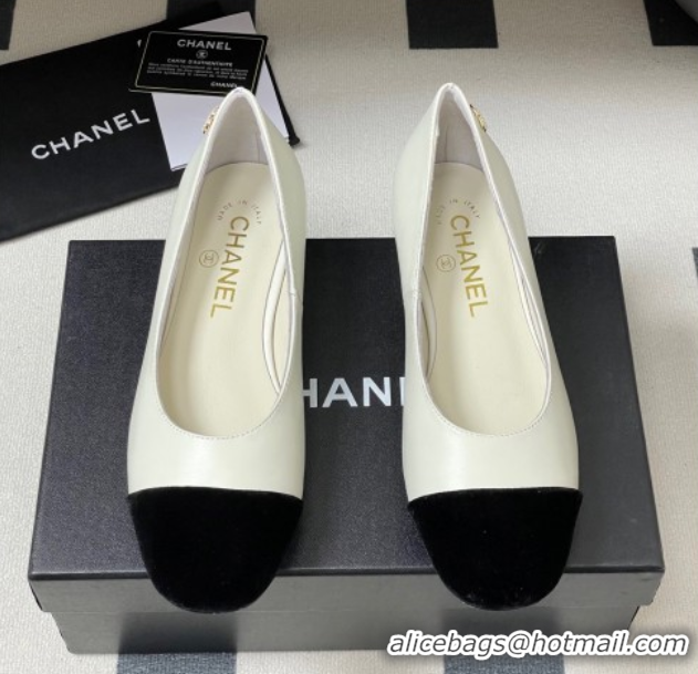 Unique Style Chanel Lambskin & Velvet Ballet Flats with Pearls White 2025 CH090104 0901069