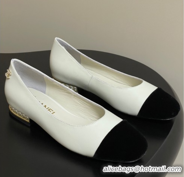 Unique Style Chanel Lambskin & Velvet Ballet Flats with Pearls White 2025 CH090104 0901069
