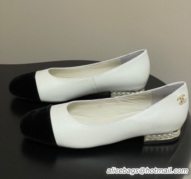 Unique Style Chanel Lambskin & Velvet Ballet Flats with Pearls White 2025 CH090104 0901069