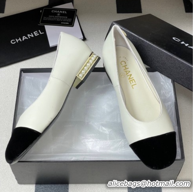 Unique Style Chanel Lambskin & Velvet Ballet Flats with Pearls White 2025 CH090104 0901069
