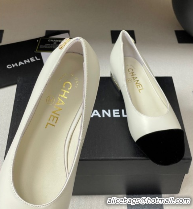 Unique Style Chanel Lambskin & Velvet Ballet Flats with Pearls White 2025 CH090104 0901069
