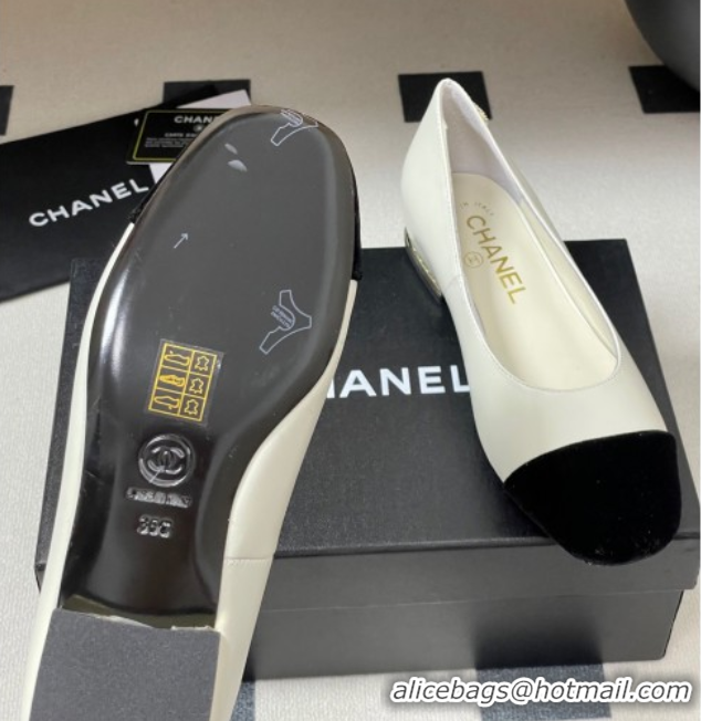 Unique Style Chanel Lambskin & Velvet Ballet Flats with Pearls White 2025 CH090104 0901069