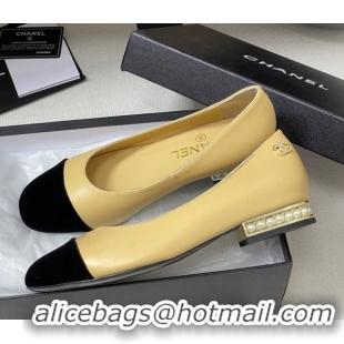 Discount Chanel Lambskin & Velvet Ballet Flats with Pearls Beige Yellow 2025 CH090104 0901070