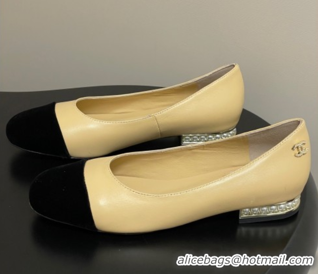 Discount Chanel Lambskin & Velvet Ballet Flats with Pearls Beige Yellow 2025 CH090104 0901070