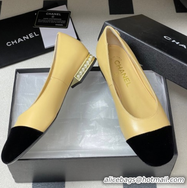Discount Chanel Lambskin & Velvet Ballet Flats with Pearls Beige Yellow 2025 CH090104 0901070