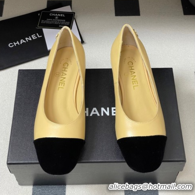 Discount Chanel Lambskin & Velvet Ballet Flats with Pearls Beige Yellow 2025 CH090104 0901070