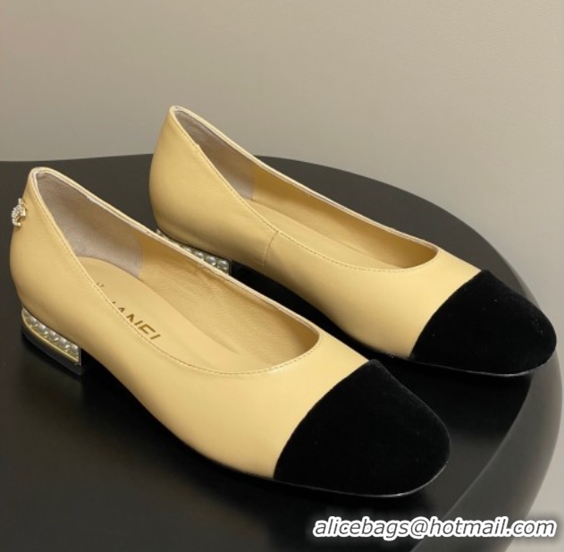 Discount Chanel Lambskin & Velvet Ballet Flats with Pearls Beige Yellow 2025 CH090104 0901070