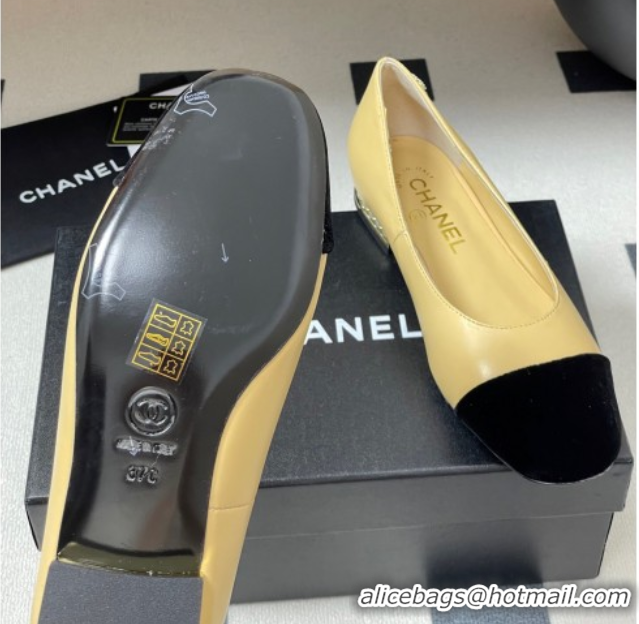 Discount Chanel Lambskin & Velvet Ballet Flats with Pearls Beige Yellow 2025 CH090104 0901070