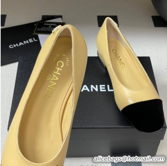 Discount Chanel Lambskin & Velvet Ballet Flats with Pearls Beige Yellow 2025 CH090104 0901070
