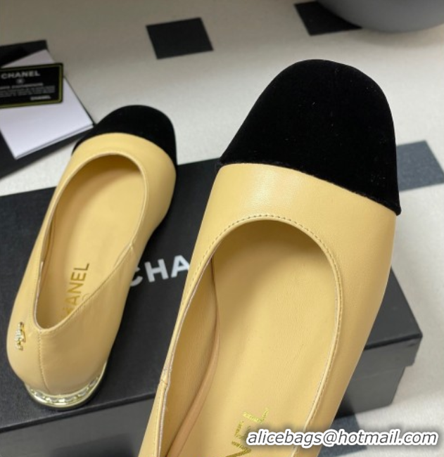 Discount Chanel Lambskin & Velvet Ballet Flats with Pearls Beige Yellow 2025 CH090104 0901070