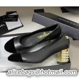 Top Grade Chanel Lambskin & Velvet Pumps 6cm with Pearls Black 2025 CH090104 0901071