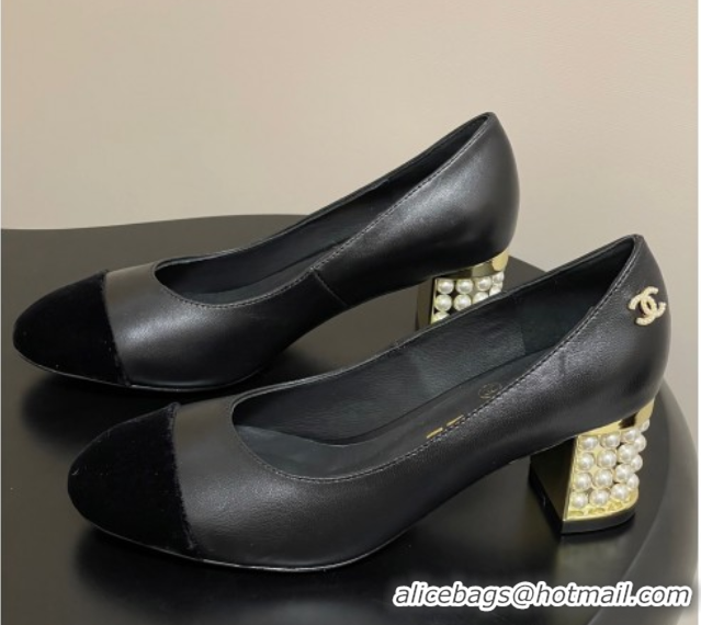 Top Grade Chanel Lambskin & Velvet Pumps 6cm with Pearls Black 2025 CH090104 0901071