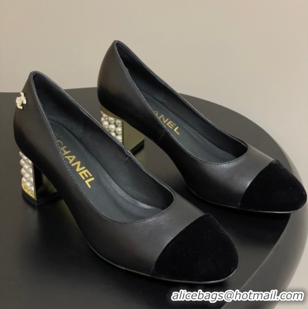 Top Grade Chanel Lambskin & Velvet Pumps 6cm with Pearls Black 2025 CH090104 0901071
