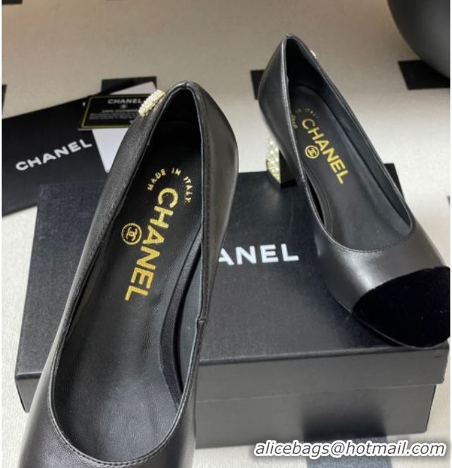 Top Grade Chanel Lambskin & Velvet Pumps 6cm with Pearls Black 2025 CH090104 0901071