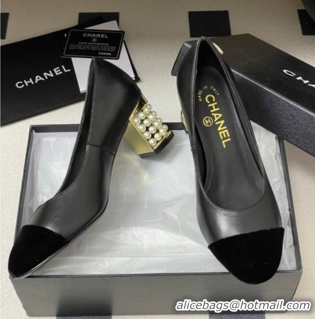Top Grade Chanel Lambskin & Velvet Pumps 6cm with Pearls Black 2025 CH090104 0901071