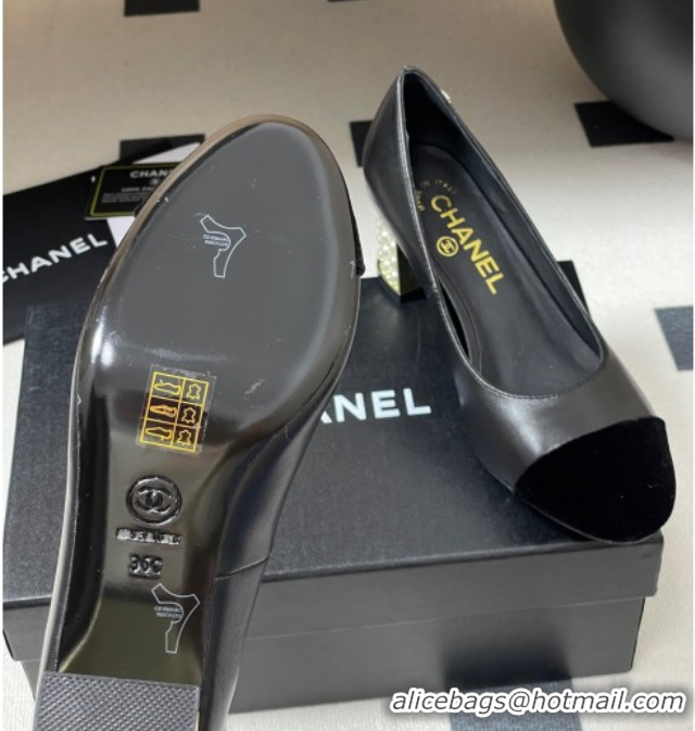Top Grade Chanel Lambskin & Velvet Pumps 6cm with Pearls Black 2025 CH090104 0901071