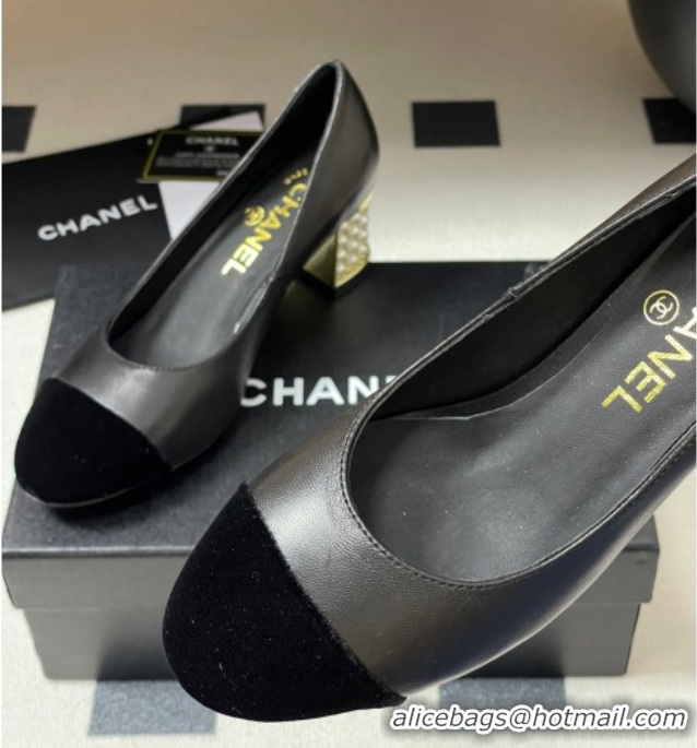 Top Grade Chanel Lambskin & Velvet Pumps 6cm with Pearls Black 2025 CH090104 0901071
