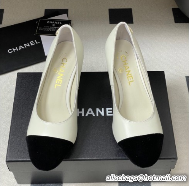 Luxurious Chanel Lambskin & Velvet Pumps 6cm with Pearls White 2025 CH090104 0901072