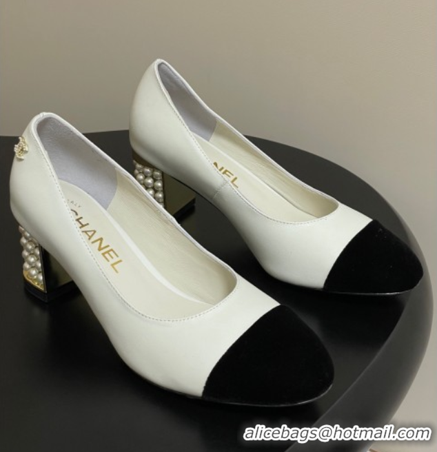 Luxurious Chanel Lambskin & Velvet Pumps 6cm with Pearls White 2025 CH090104 0901072