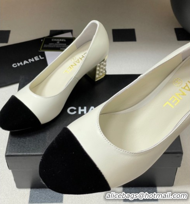 Luxurious Chanel Lambskin & Velvet Pumps 6cm with Pearls White 2025 CH090104 0901072