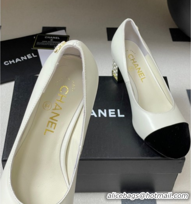 Luxurious Chanel Lambskin & Velvet Pumps 6cm with Pearls White 2025 CH090104 0901072