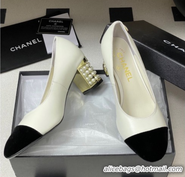 Luxurious Chanel Lambskin & Velvet Pumps 6cm with Pearls White 2025 CH090104 0901072