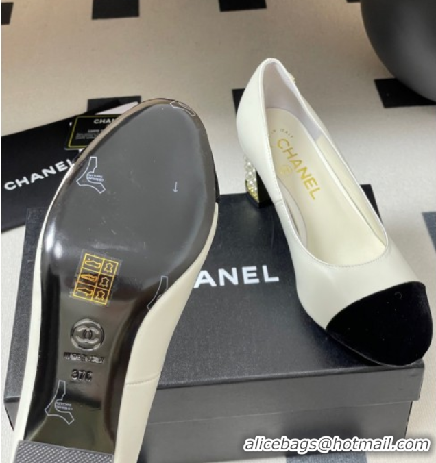 Luxurious Chanel Lambskin & Velvet Pumps 6cm with Pearls White 2025 CH090104 0901072
