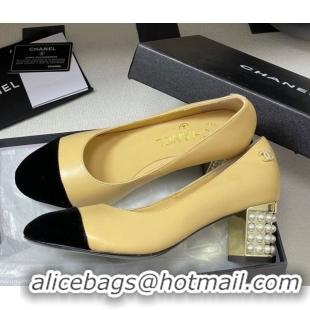 Good Quality Chanel Lambskin & Velvet Pumps 6cm with Pearls Beige Yellow 2025 CH090104 0901073