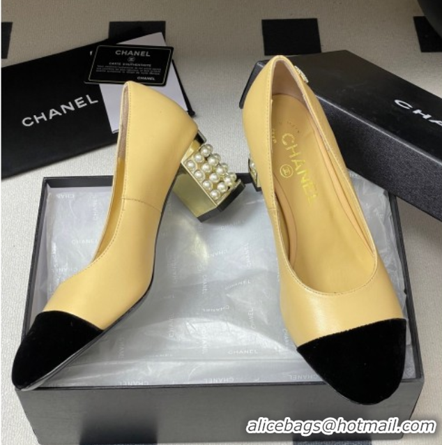 Good Quality Chanel Lambskin & Velvet Pumps 6cm with Pearls Beige Yellow 2025 CH090104 0901073