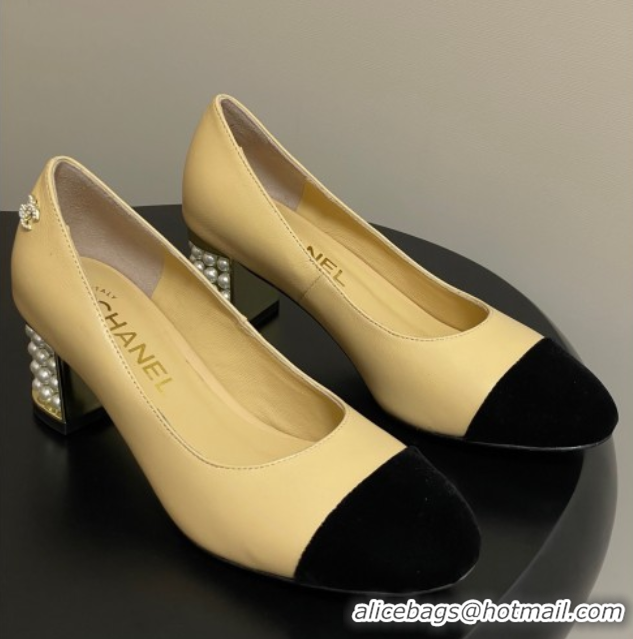 Good Quality Chanel Lambskin & Velvet Pumps 6cm with Pearls Beige Yellow 2025 CH090104 0901073