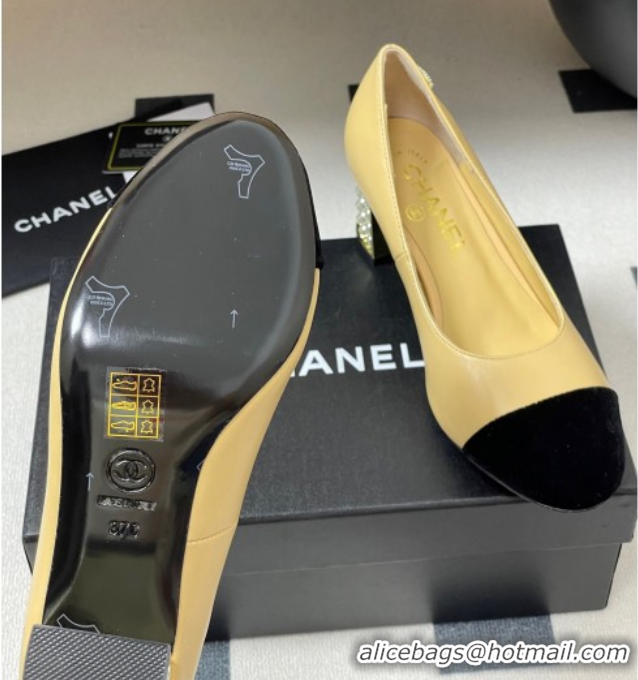 Good Quality Chanel Lambskin & Velvet Pumps 6cm with Pearls Beige Yellow 2025 CH090104 0901073