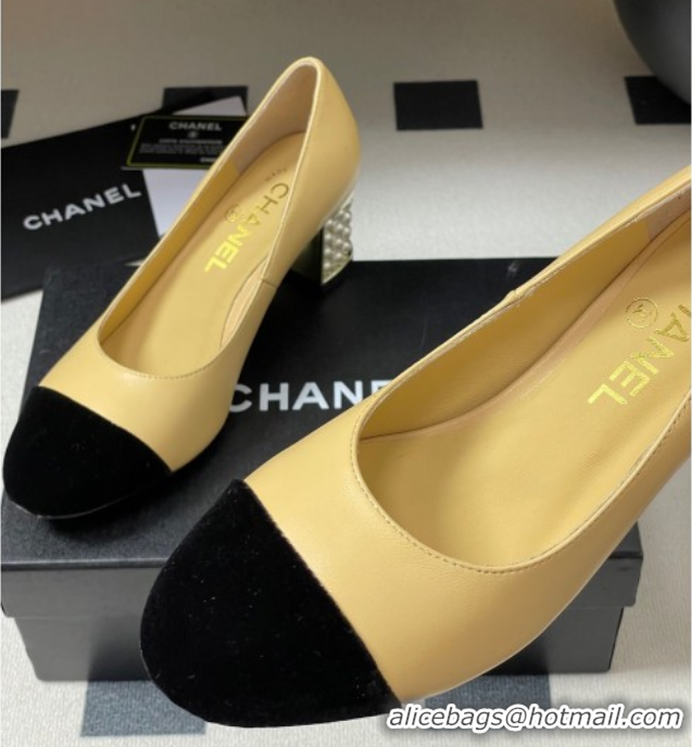 Good Quality Chanel Lambskin & Velvet Pumps 6cm with Pearls Beige Yellow 2025 CH090104 0901073