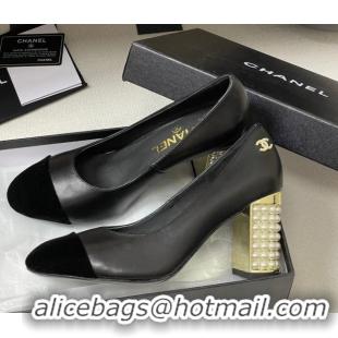 Pretty Style Chanel Lambskin & Velvet Pumps 8cm with Pearls Black 2025 CH090104 50901074