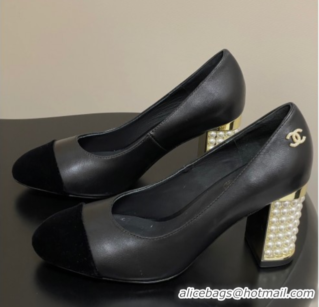 Pretty Style Chanel Lambskin & Velvet Pumps 8cm with Pearls Black 2025 CH090104 50901074
