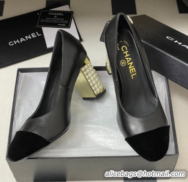 Pretty Style Chanel Lambskin & Velvet Pumps 8cm with Pearls Black 2025 CH090104 50901074
