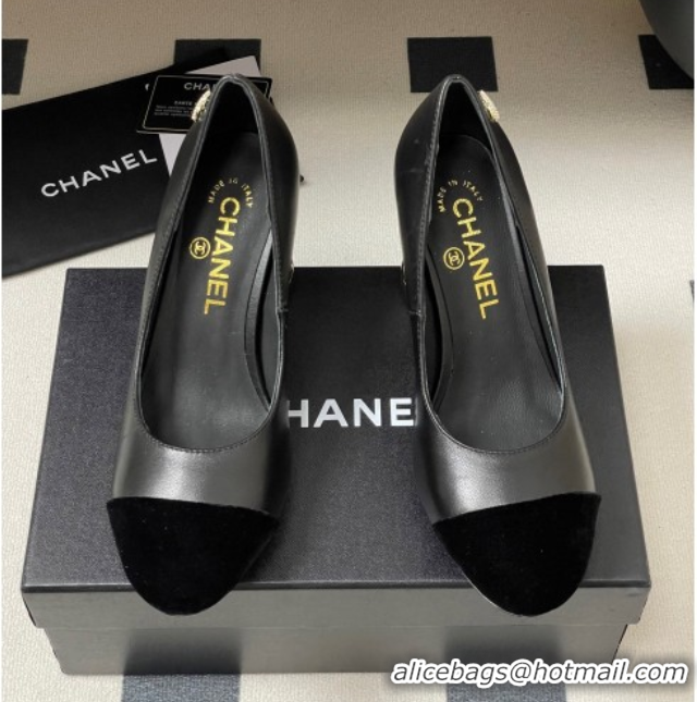Pretty Style Chanel Lambskin & Velvet Pumps 8cm with Pearls Black 2025 CH090104 50901074