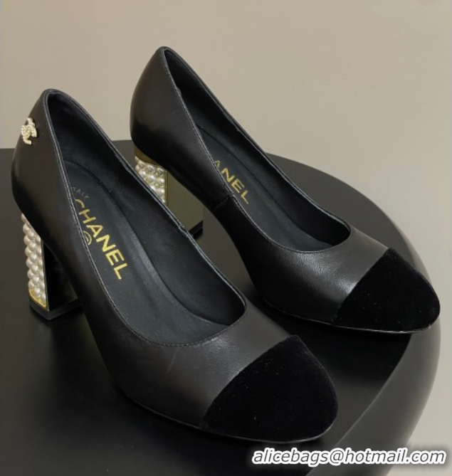 Pretty Style Chanel Lambskin & Velvet Pumps 8cm with Pearls Black 2025 CH090104 50901074