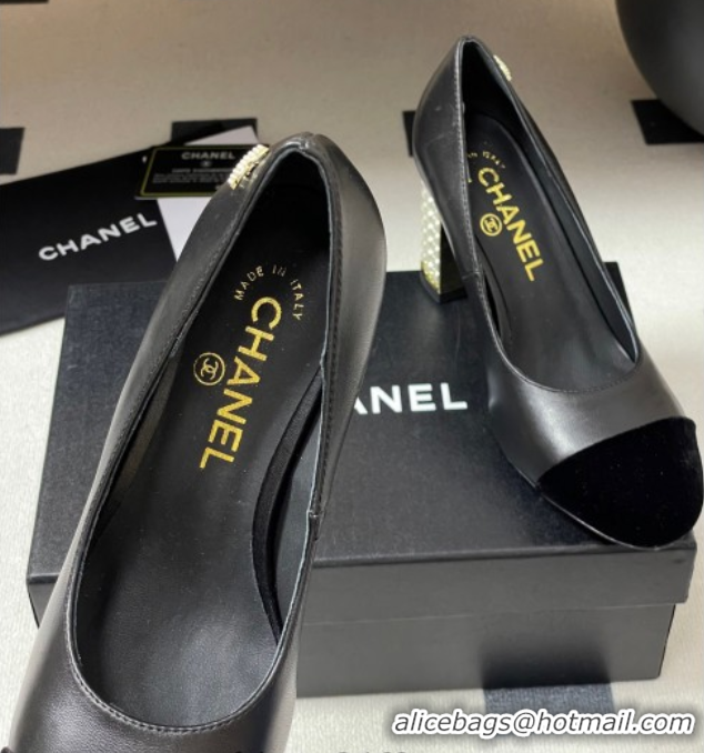 Pretty Style Chanel Lambskin & Velvet Pumps 8cm with Pearls Black 2025 CH090104 50901074