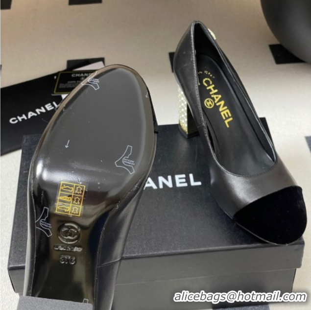 Pretty Style Chanel Lambskin & Velvet Pumps 8cm with Pearls Black 2025 CH090104 50901074