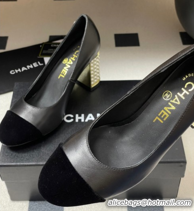 Pretty Style Chanel Lambskin & Velvet Pumps 8cm with Pearls Black 2025 CH090104 50901074