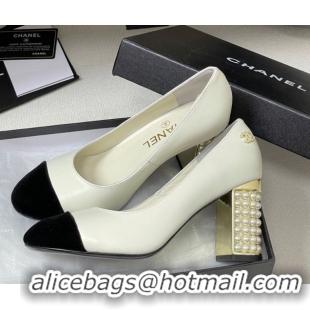 Best Product Chanel Lambskin & Velvet Pumps 8cm with Pearls White 2025 CH090104