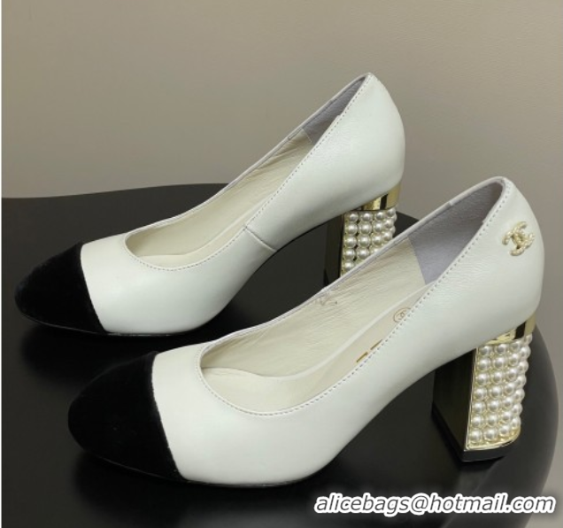Best Product Chanel Lambskin & Velvet Pumps 8cm with Pearls White 2025 CH090104