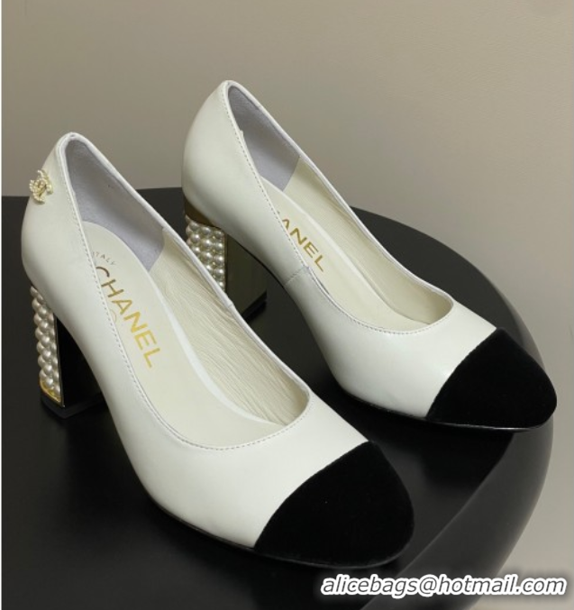 Best Product Chanel Lambskin & Velvet Pumps 8cm with Pearls White 2025 CH090104