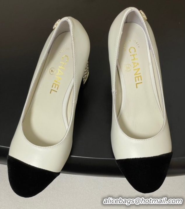 Best Product Chanel Lambskin & Velvet Pumps 8cm with Pearls White 2025 CH090104