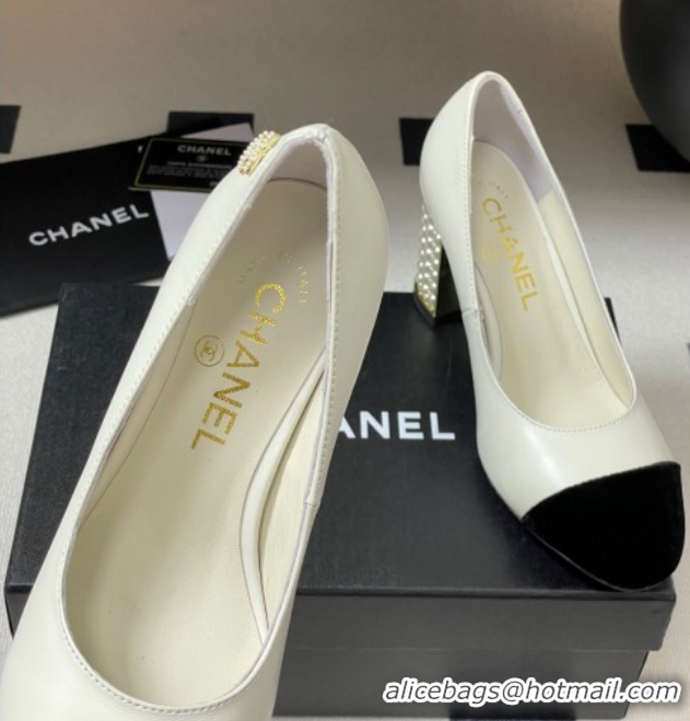 Best Product Chanel Lambskin & Velvet Pumps 8cm with Pearls White 2025 CH090104